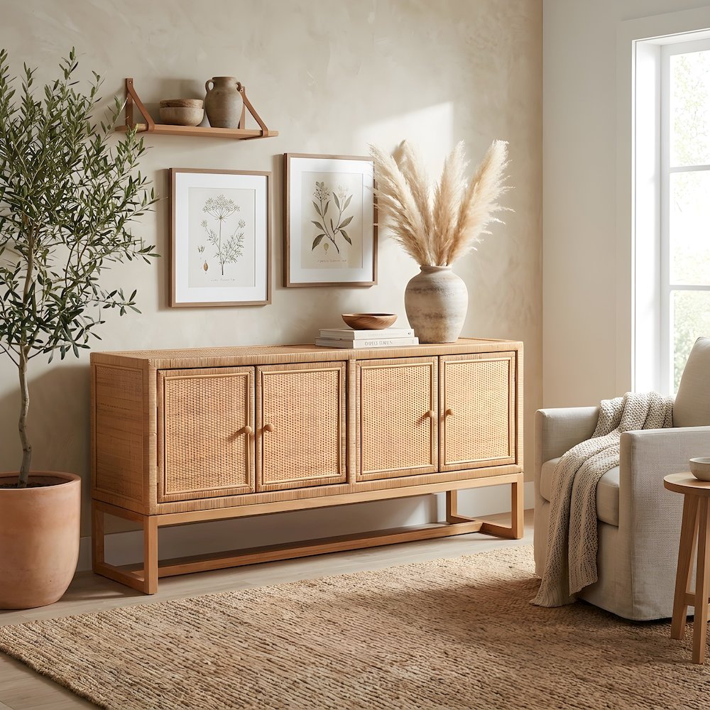 Rattan-Paneled Solid Wood Sideboard with Doors, Coastal Buffet Cabinet
