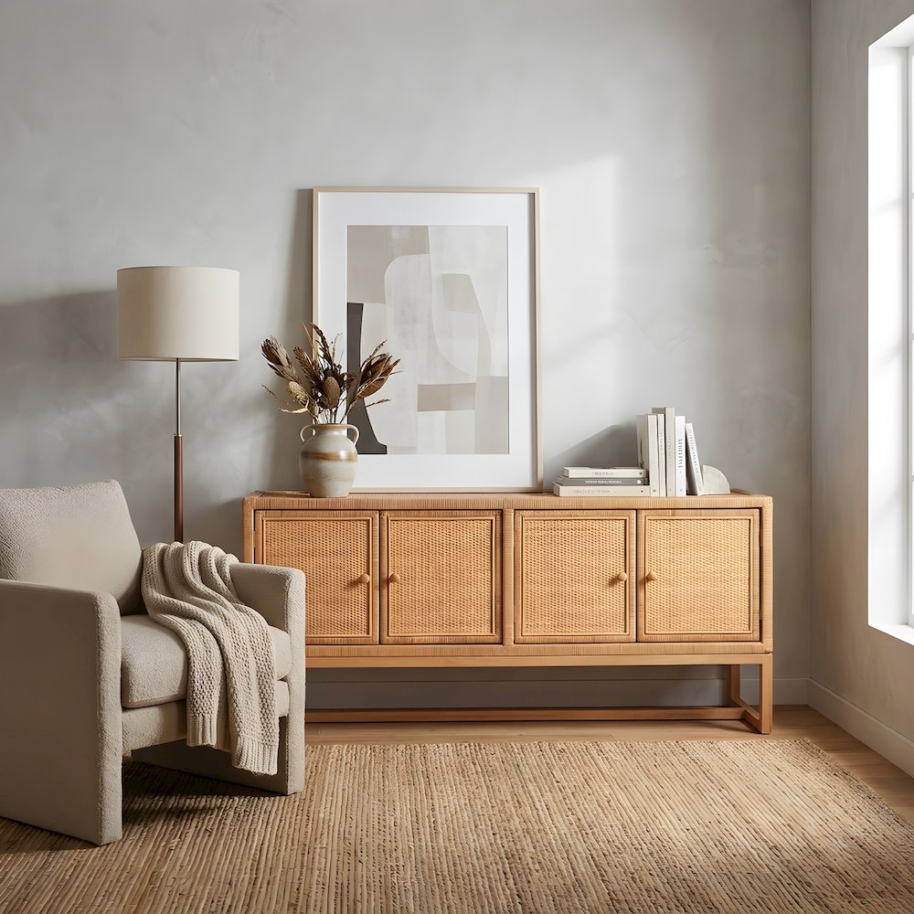 Rattan-Paneled Solid Wood Sideboard with Doors, Coastal Buffet Cabinet