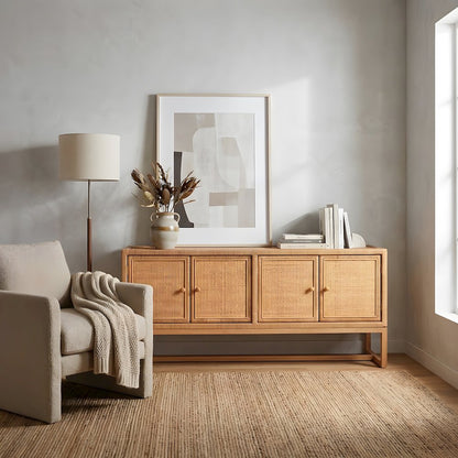 Rattan-Paneled Solid Wood Sideboard with Doors, Coastal Buffet Cabinet
