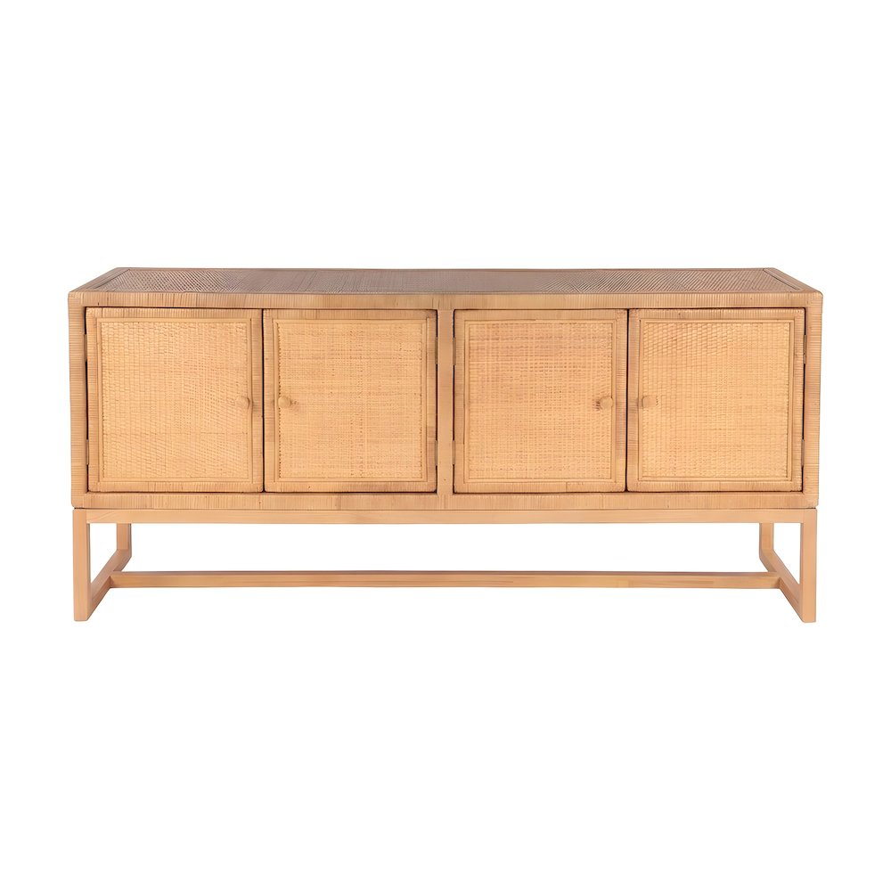Rattan-Paneled Solid Wood Sideboard with Doors, Coastal Buffet Cabinet