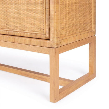 Rattan-Paneled Solid Wood Sideboard with Doors, Coastal Buffet Cabinet