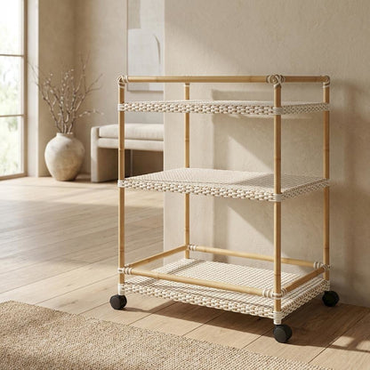 3-Tier Wicker Bar Cart with Storage, Traditional Serving Cart for Patio