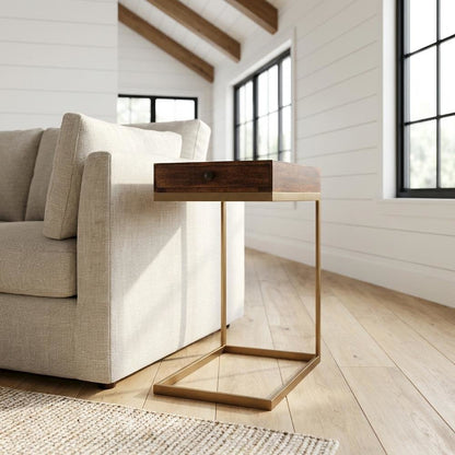 C Shaped End Table with Drawer, Mid-Century Modern Side Table for Living Room
