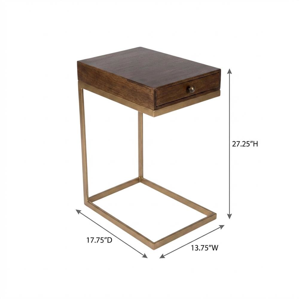 C Shaped End Table with Drawer, Mid-Century Modern Side Table for Living Room