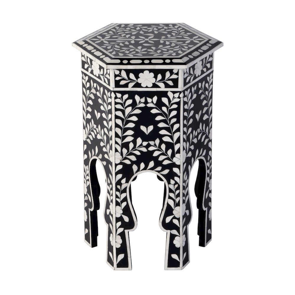 Amaya 16 in. W Hexagon Bone Inlay Side Table, Black, White