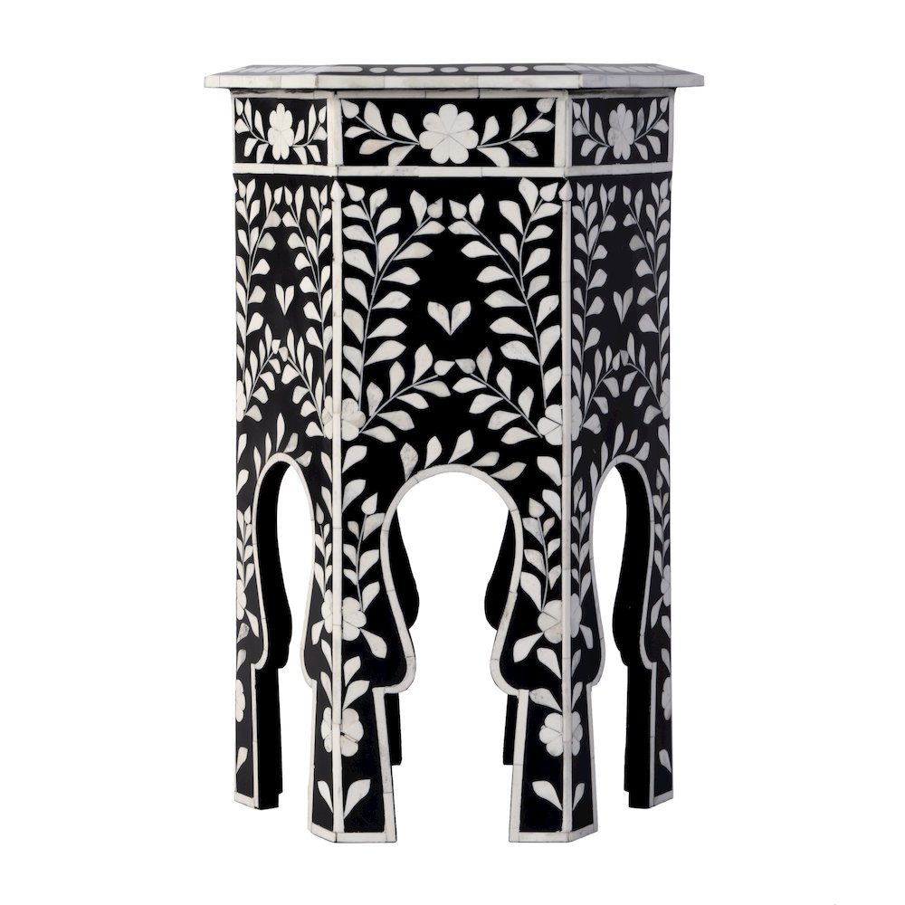 Amaya 16 in. W Hexagon Bone Inlay Side Table, Black, White