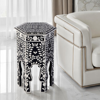 Amaya 16 in. W Hexagon Bone Inlay Side Table, Black, White