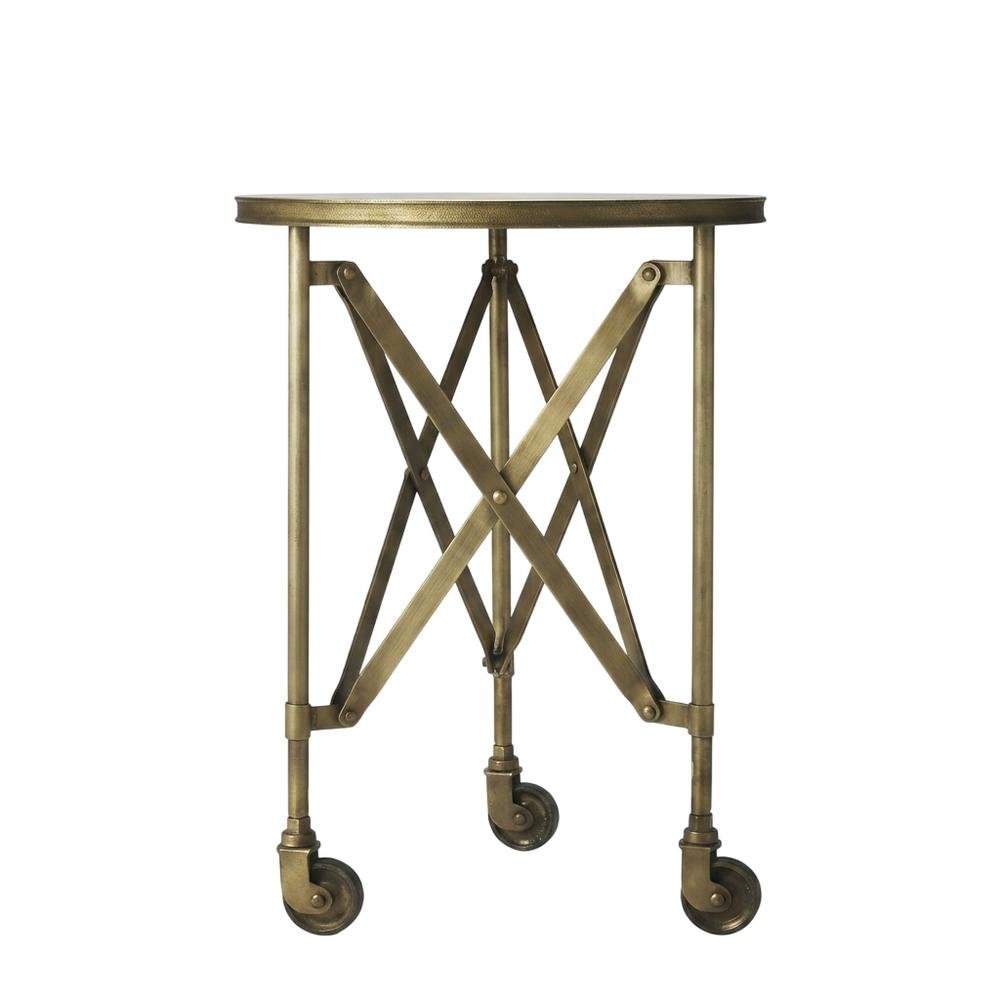 Round Industrial Side Table, Distressed Accent Table, Olive Ash