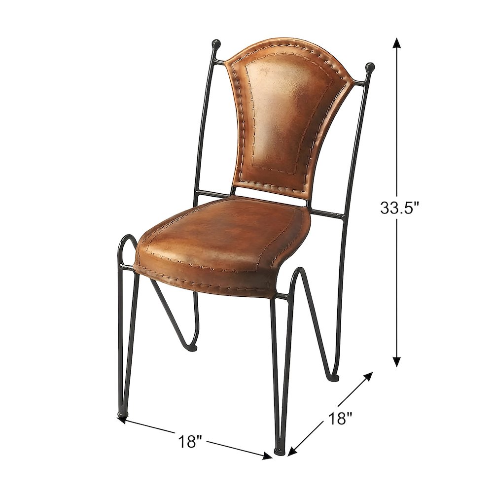 Genuine Leather Side Chair with Iron Frame and Distressed Finish