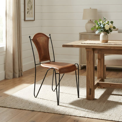 Genuine Leather Side Chair with Iron Frame and Distressed Finish