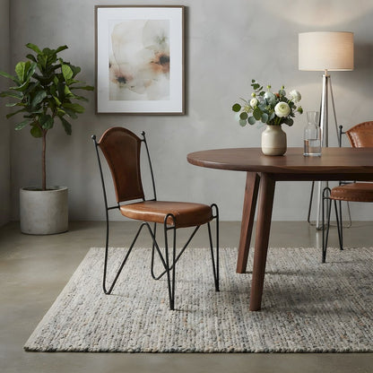 Genuine Leather Side Chair with Iron Frame and Distressed Finish