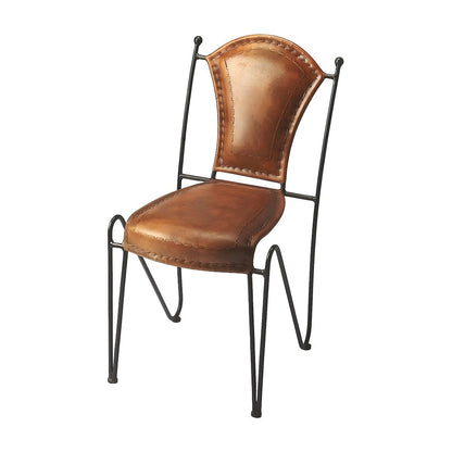 Genuine Leather Side Chair with Iron Frame and Distressed Finish