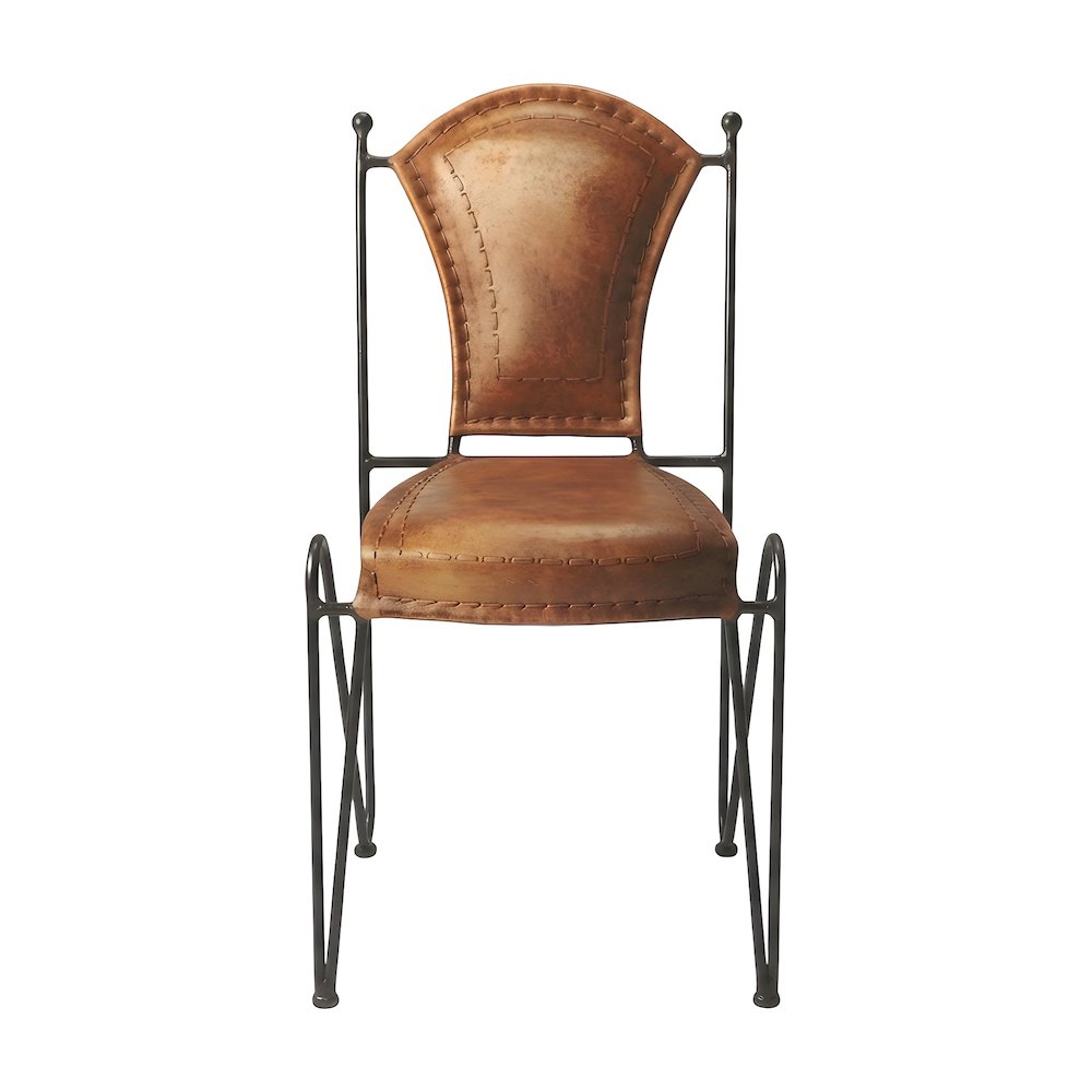 Genuine Leather Side Chair with Iron Frame and Distressed Finish