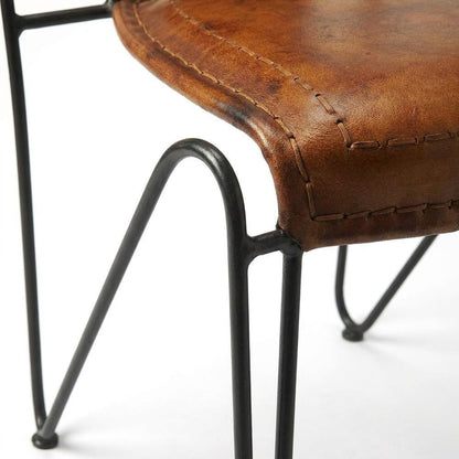 Genuine Leather Side Chair with Iron Frame and Distressed Finish