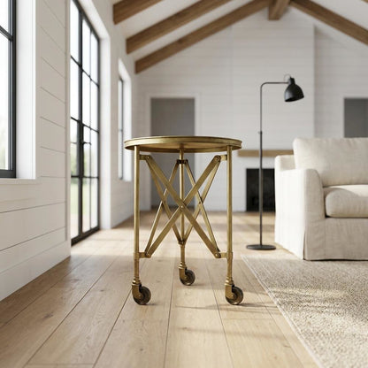 Round Industrial Side Table, Distressed Accent Table, Olive Ash