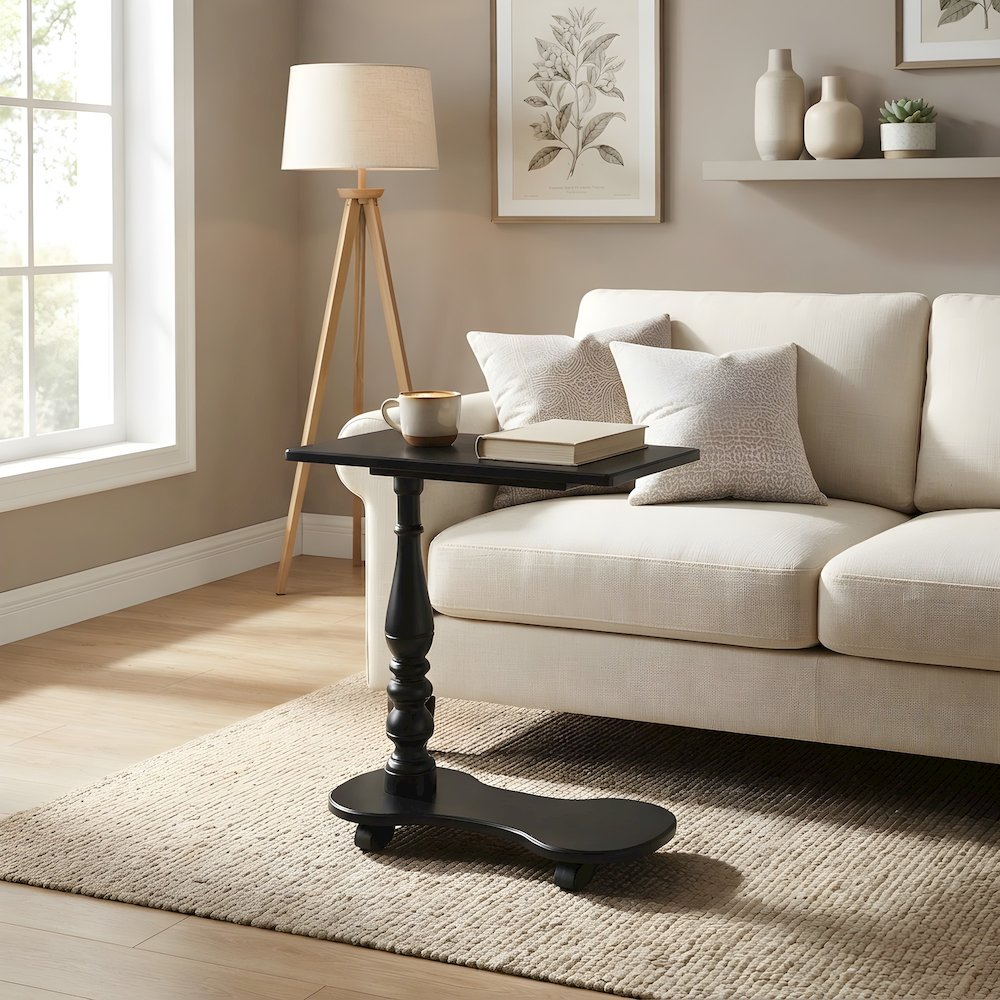 Birch Veneer Tray Table with Distressed Pedestal and Casters for Living Room