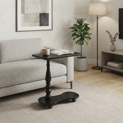 Birch Veneer Tray Table with Distressed Pedestal and Casters for Living Room