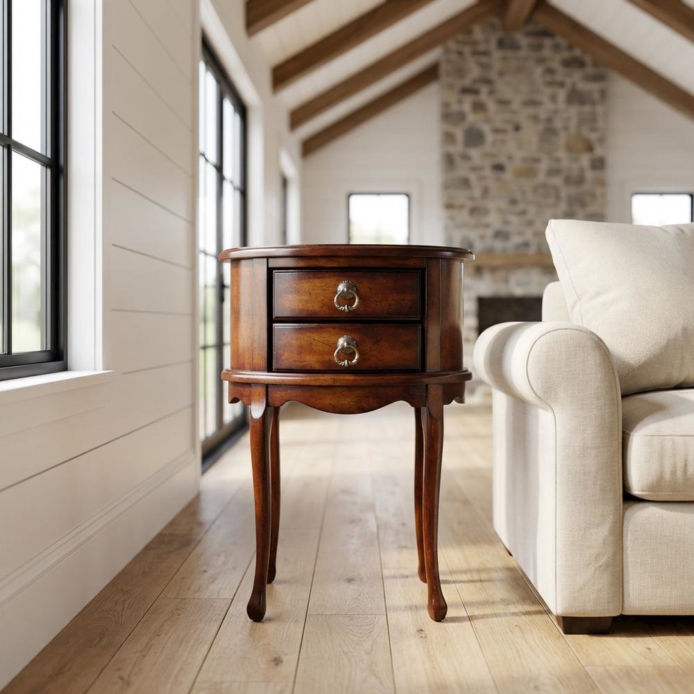 Oval Side Table with Storage Drawers, Traditional End Table, Cherry