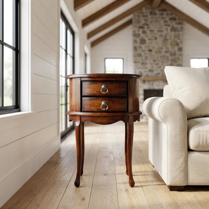 Oval Side Table with Storage Drawers, Traditional End Table, Cherry