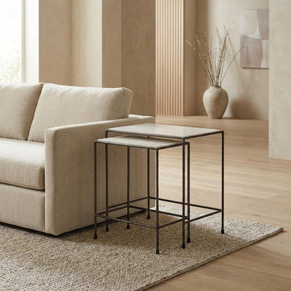 Marble Top Nesting Tables Set of 2, Transitional Side Tables, Black