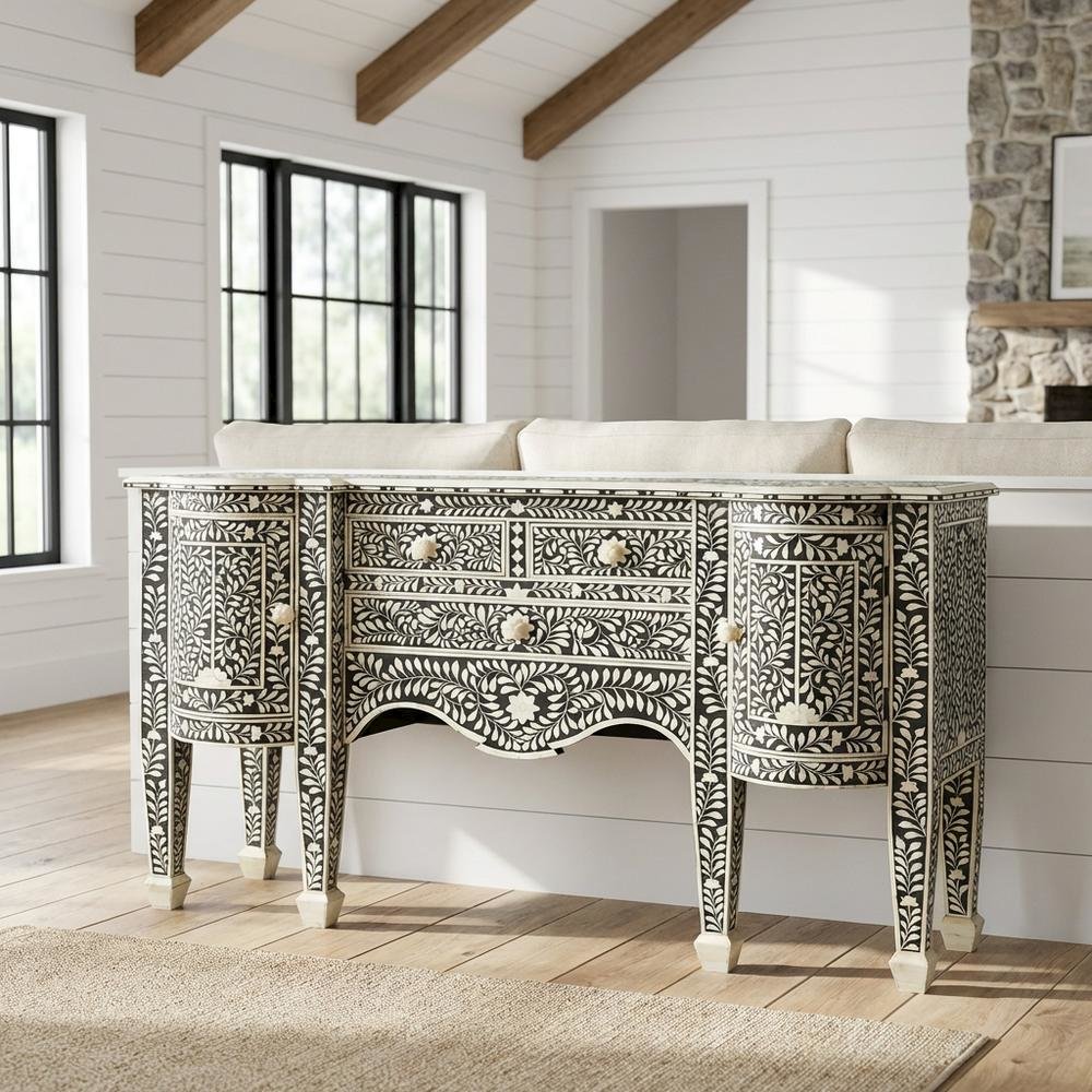 Boho Buffet Cabinet with 4 Drawers, Eclectic Sideboard, Black Bone