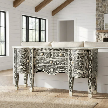 Boho Buffet Cabinet with 4 Drawers, Eclectic Sideboard, Black Bone
