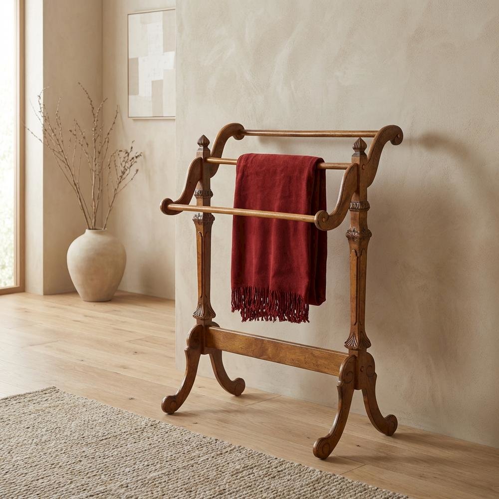 Wooden Blanket Stand with Trestle Base, Traditional Quilt Rack, Vintage Oak