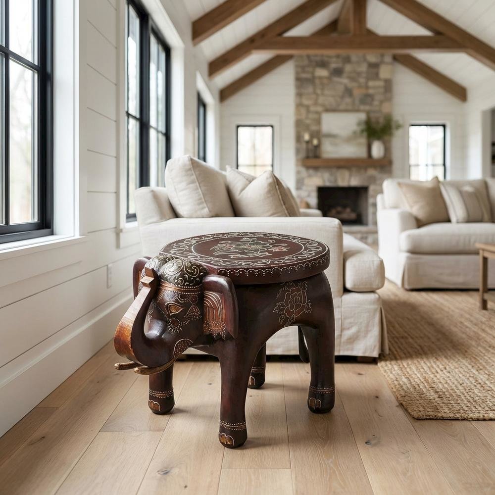 Round Hand Painted Accent Table, Boho Eclectic Side Table for Living Room