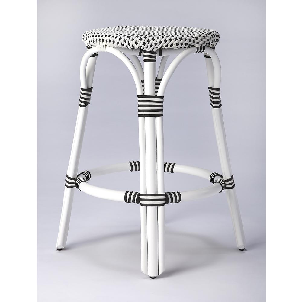 Tobias Rattan Round 24" Counter Stool, White and Black Dot