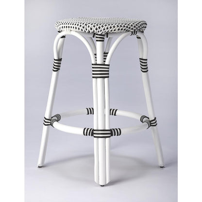 Tobias Rattan Round 24" Counter Stool, White and Black Dot