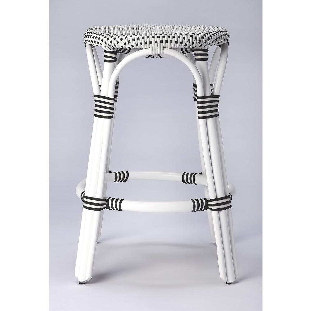 Tobias Rattan Round 24" Counter Stool, White and Black Dot