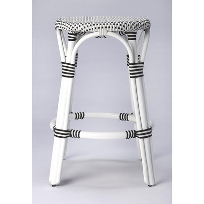 Tobias Rattan Round 24" Counter Stool, White and Black Dot