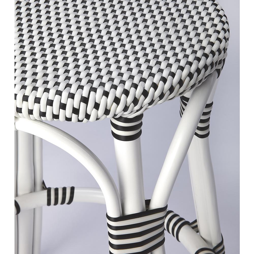 Tobias Rattan Round 24" Counter Stool, White and Black Dot