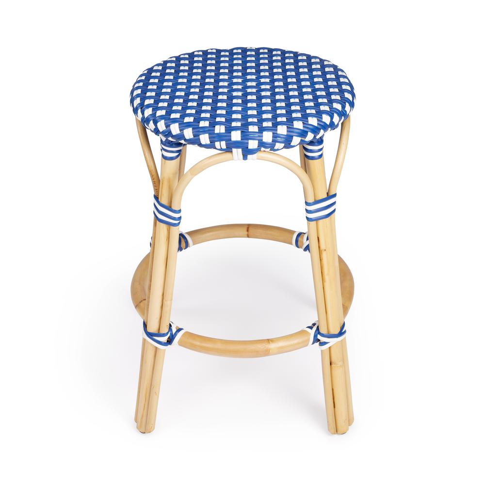 Tobias Rattan Round 24" Counter Stool, Blue and White Dot