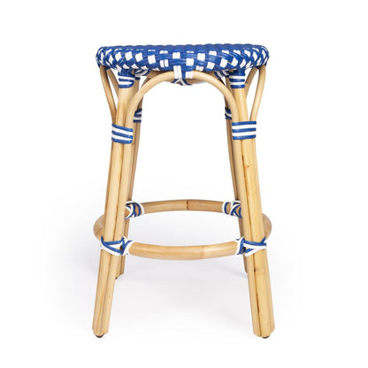 Tobias Rattan Round 24" Counter Stool, Blue and White Dot
