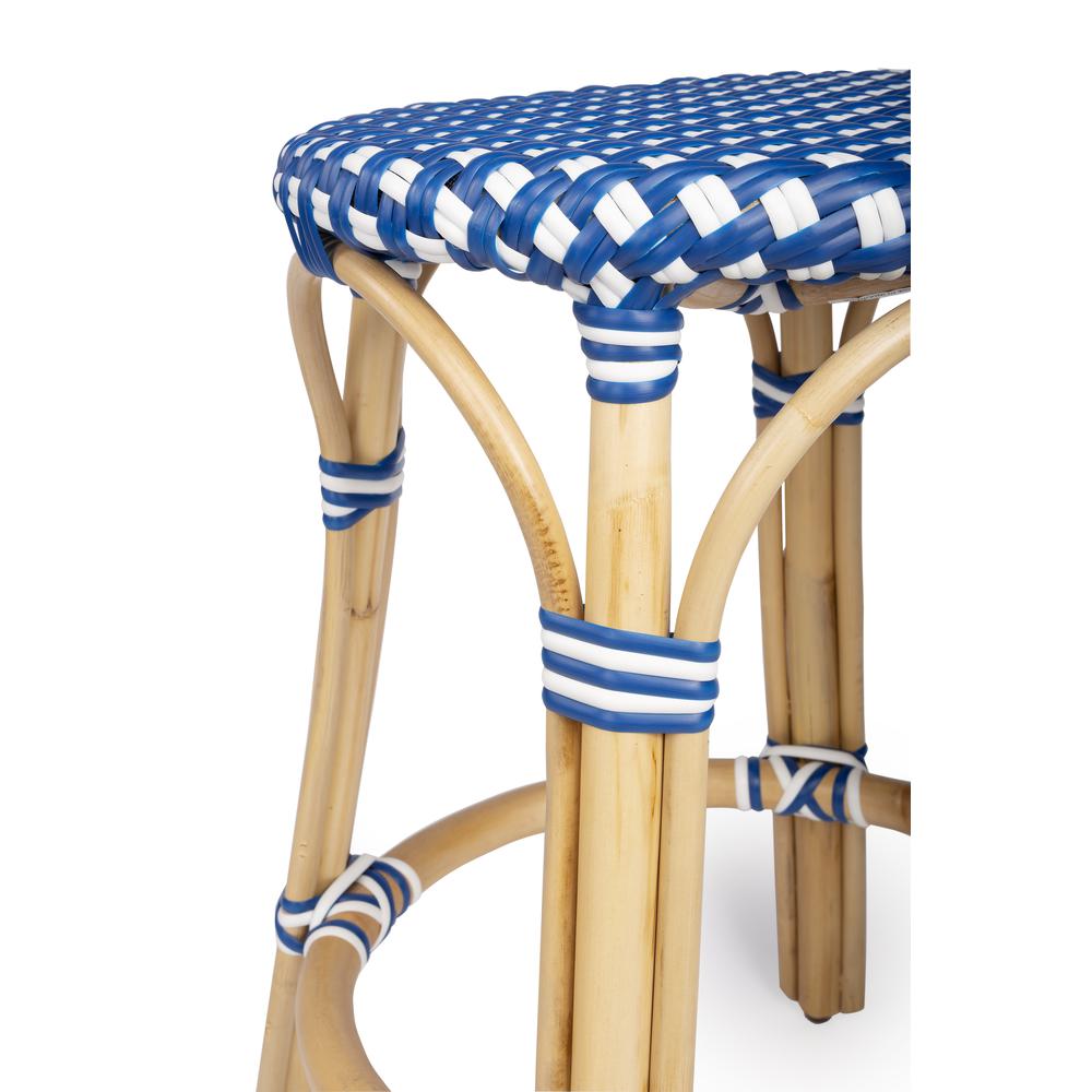 Tobias Rattan Round 24" Counter Stool, Blue and White Dot