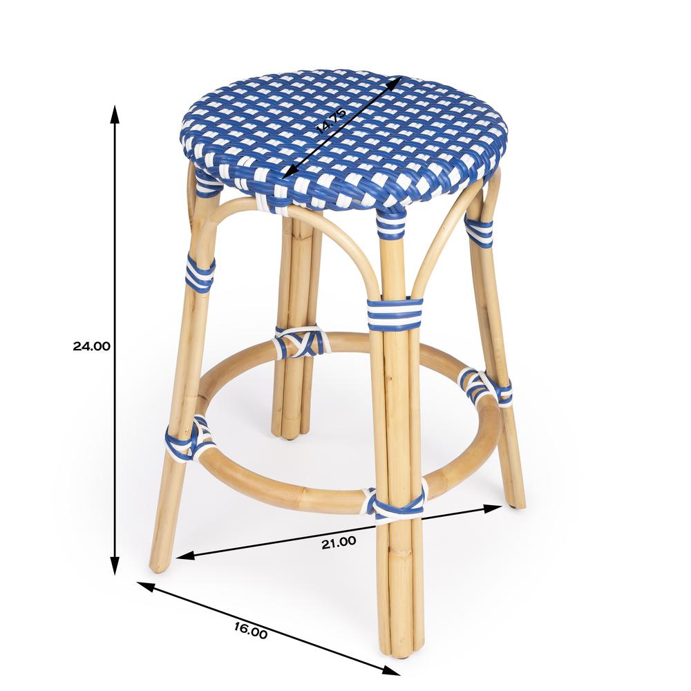 Tobias Rattan Round 24" Counter Stool, Blue and White Dot