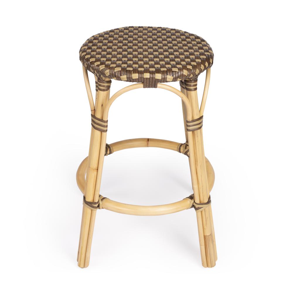 Tobias Rattan Round 24" Counter Stool, Brown and Tan Dot