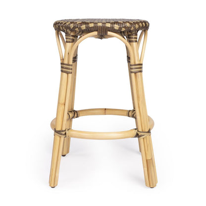 Tobias Rattan Round 24" Counter Stool, Brown and Tan Dot