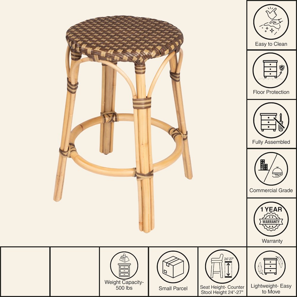 Tobias Rattan Round 24" Counter Stool, Brown and Tan Dot
