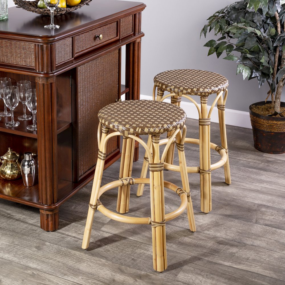 Tobias Rattan Round 24" Counter Stool, Brown and Tan Dot