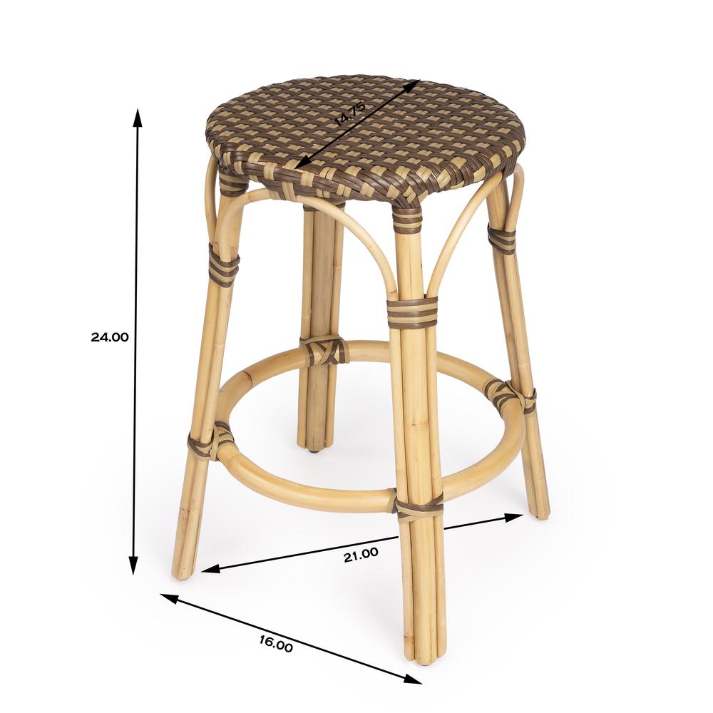 Tobias Rattan Round 24" Counter Stool, Brown and Tan Dot