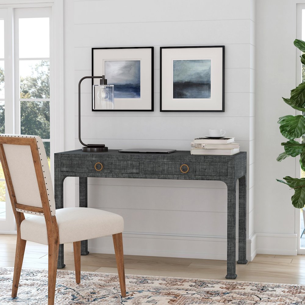 Chatham Raffia and Wood 2- Drawer Desk in Charcoal, Charcoal