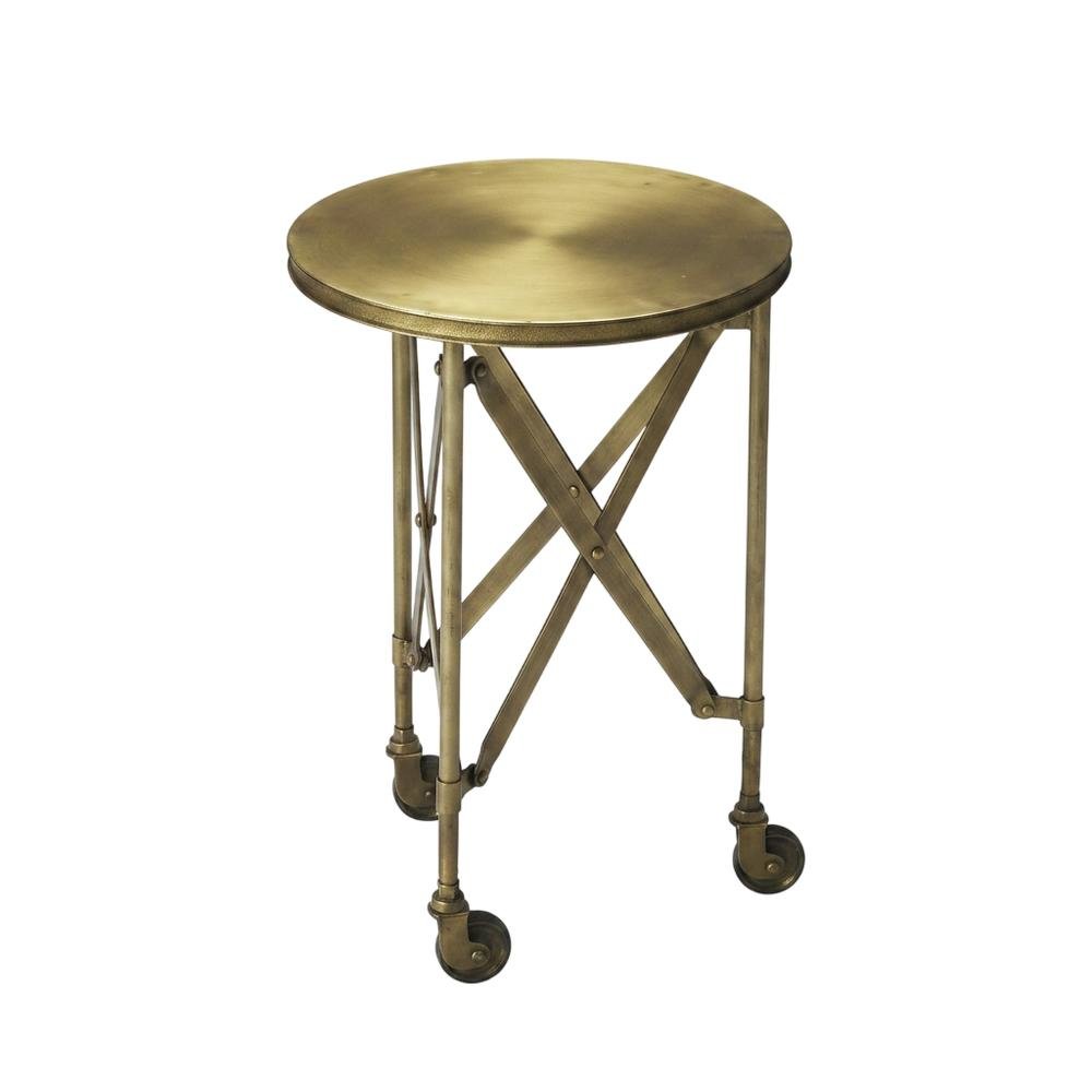 Round Industrial Side Table, Distressed Accent Table, Olive Ash