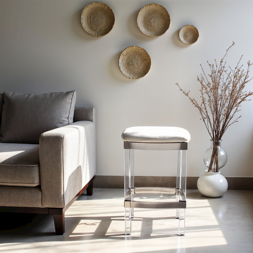 White Acrylic Stool with Leather Seat for Counter Use - Clear Bar Stools