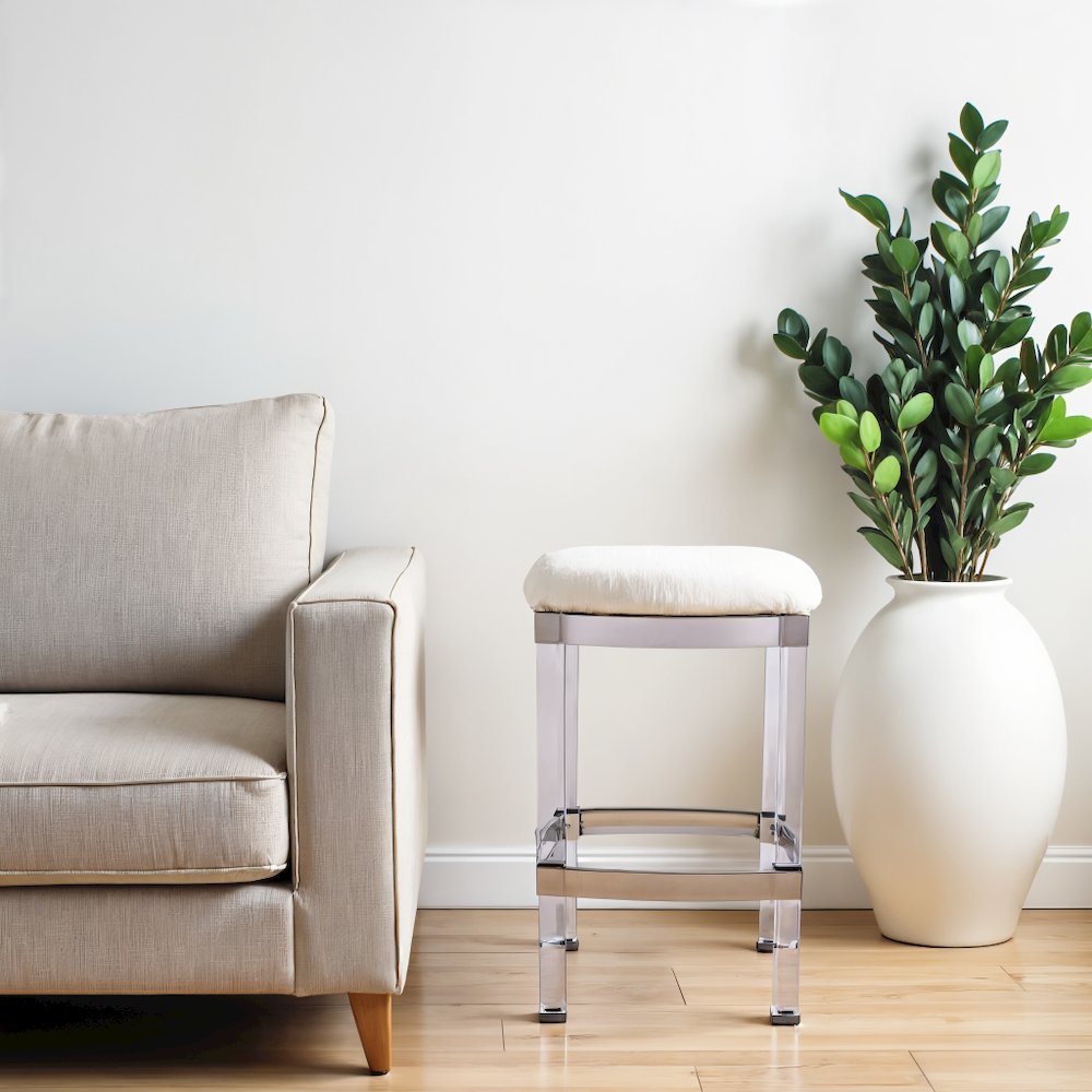 White Acrylic Stool with Leather Seat for Counter Use - Clear Bar Stools