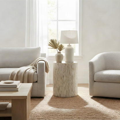 Modern Round Side Table with Organic Ridged Fluted End Table, Natural Bone