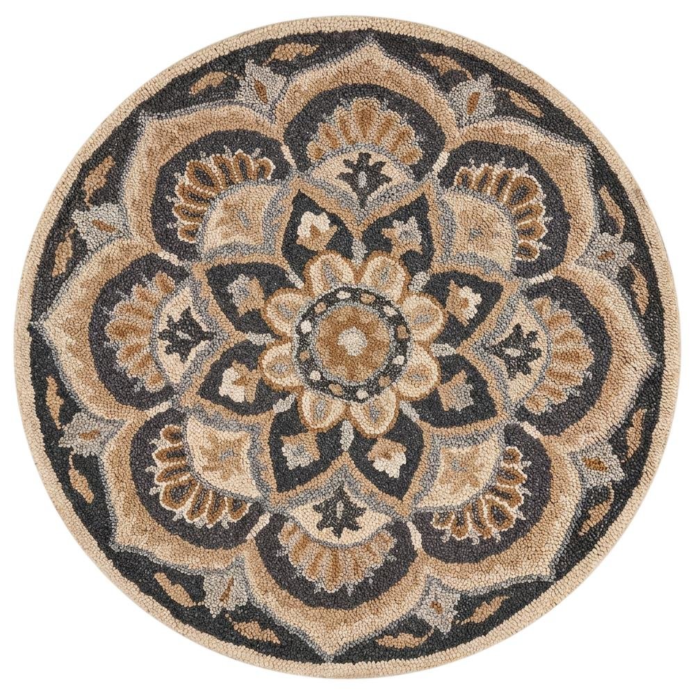 Round Indoor Area Rug With Black And Ivory Design, Classic Style For Living Room