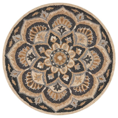 Round Indoor Area Rug With Black And Ivory Design, Classic Style For Living Room