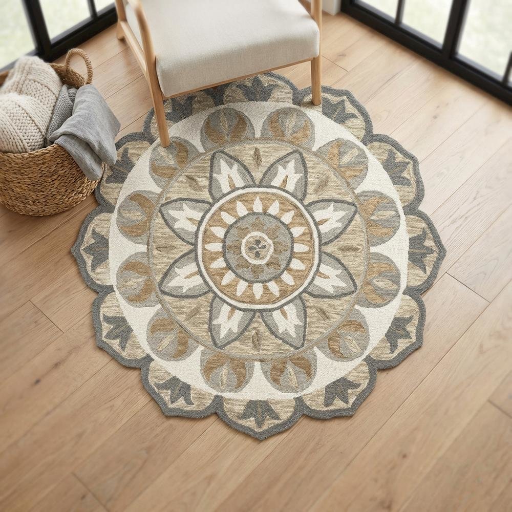 Gray Indoor Area Rug With Transitional Style, 48-Inch Round Shape